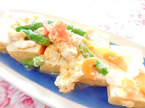 鶏ガラde❤高野豆腐のインゲンと人参の卵とじ❤